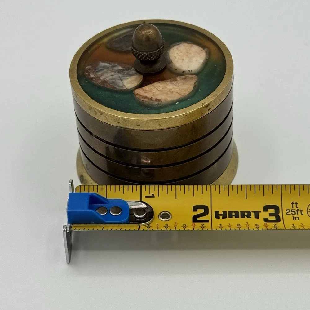 Vintage Brass Trinket Box with Stone Inlaid Lid Stepped Banded Design Acorn